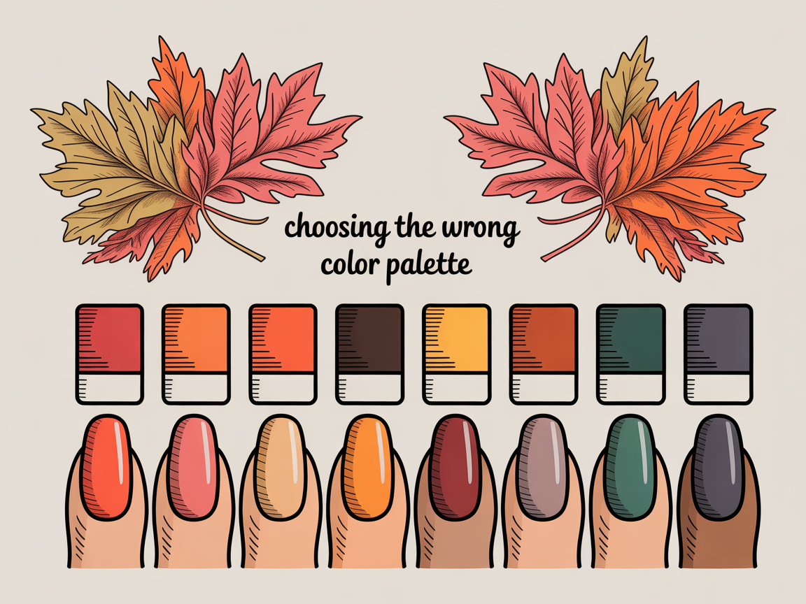 Autumn color swatches and nails showing clashing vs cohesive palettes