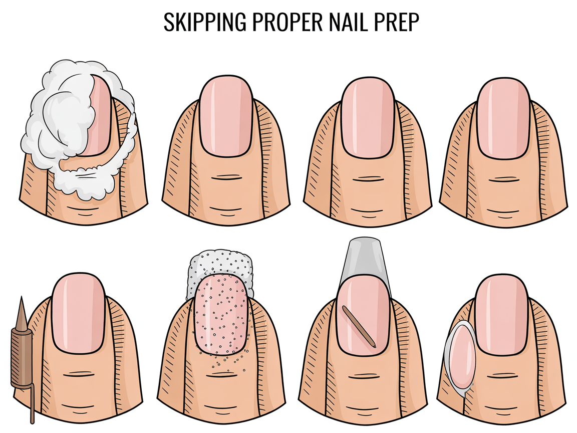 Step-by-step drawn depiction of wrong and correct nail prep steps for acrylic application