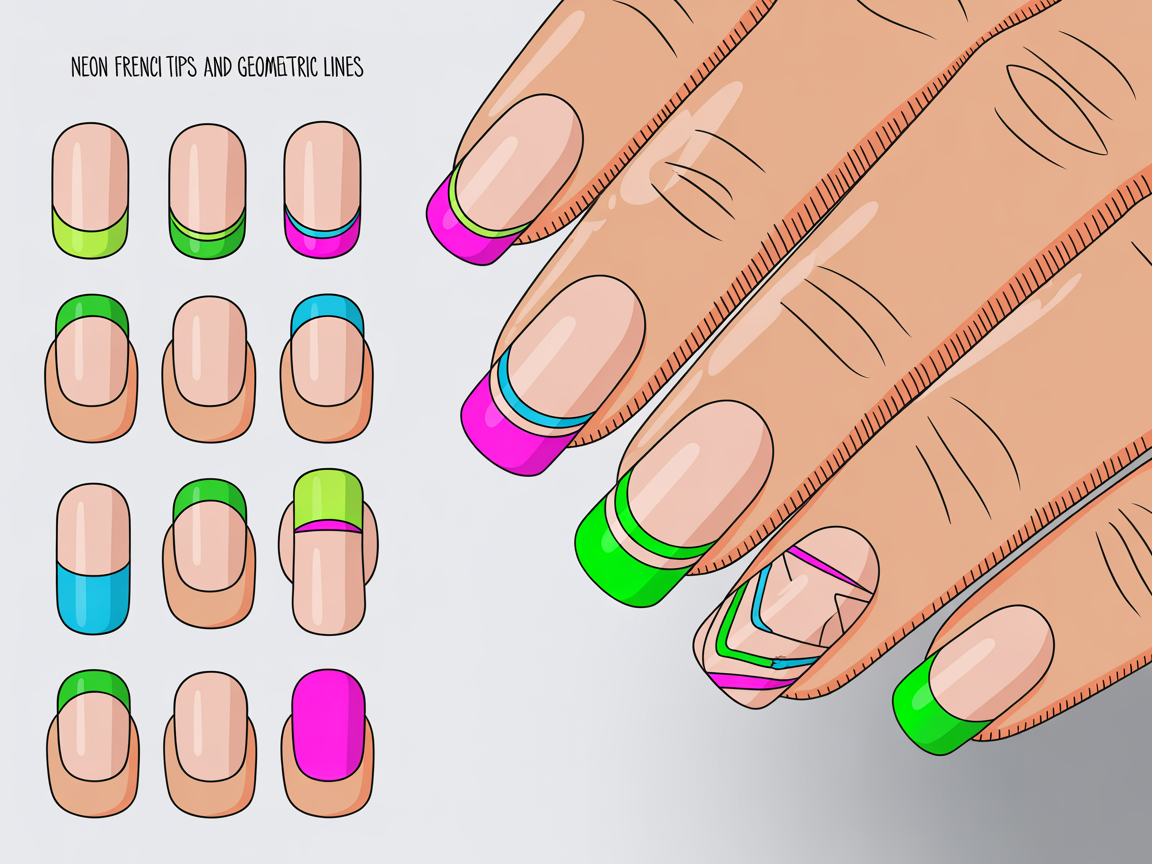 Illustration for: Neon French Tips and Geometric Lines