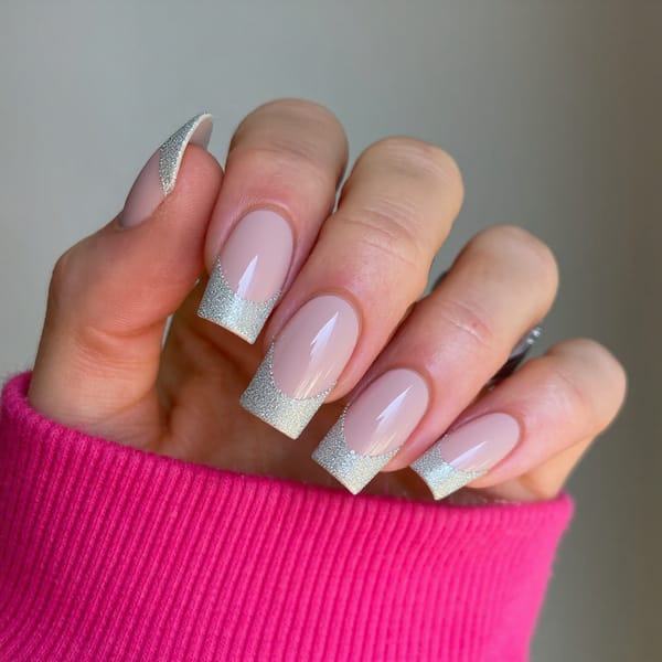 Long square nails in a sheer, milky overlay, with delicate silver foil near the cuticles for a glamorous wedding touch.