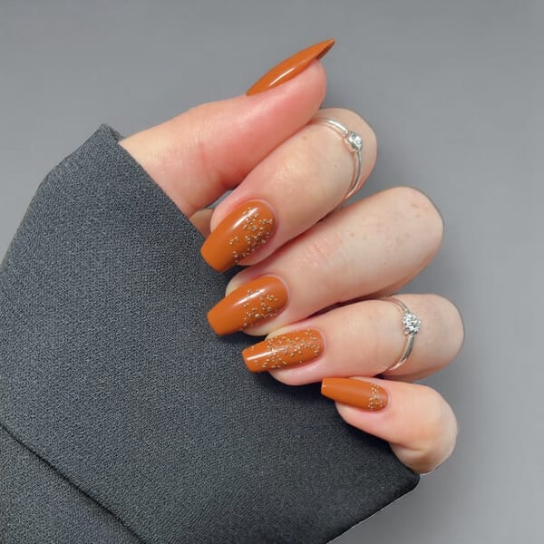 I want short nails with a warm caramel base and tiny gold accents to capture cozy early fall vibes.