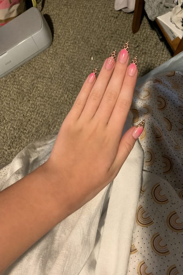 cheetah print French tip with a star charm with a pink base, on other fingers cheetah print French tip with airbrushed pink Nail shape: stiletto. Nail length: medium. Only change the nails visible in the image to match this design. Keep the rest of the image — the hand, skin, background, lighting, and everything else — exactly the same.