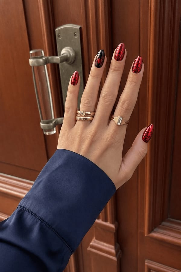 Mirror chrome red & black finish on every nail. Smooth high-shine glassy surface design spiderman Nail shape: almond. Nail length: medium. Only change the nails visible in the image to match this design. Keep the rest of the image — the hand, skin, background, lighting, and everything else — exactly the same.