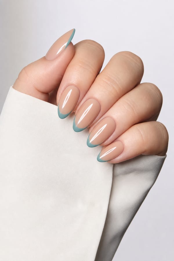 base for fair/tan olive skin colour with smallish medium French tips with a light summary teal Nail shape: almond. Nail length: medium. Only change the nails visible in the image to match this design. Keep the rest of the image — the hand, skin, background, lighting, and everything else — exactly the same.