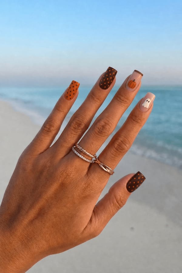 on the thumb, it’s a darkest brown with orange dots on the index finger. It’s orange with dark brown dots and the middle finger. It’s dark brown with orange dots and on my ring finger it’s a nude brown French tape with a pumpkin on it and then on my pinky, it’s nude with a ghost on it. m￼ Nail shape: square. Nail length: medium. Only change the nails visible in the image to match this design. Keep the rest of the image — the hand, skin, background, lighting, and everything else — exactly the same.