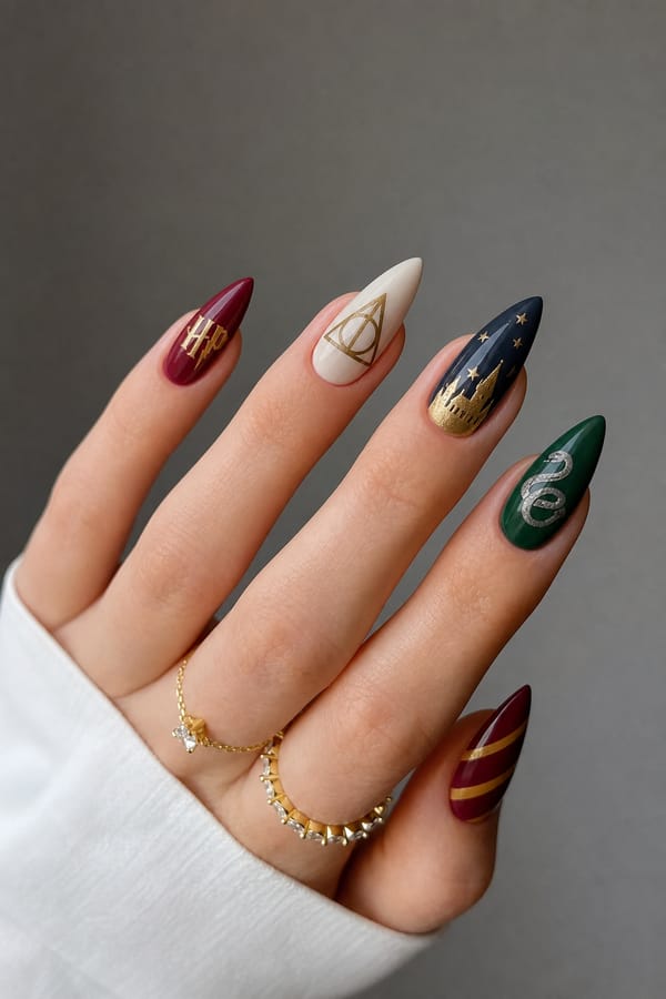 Harry Potter Nail shape: stiletto. Nail length: medium. Only change the nails visible in the image to match this design. Keep the rest of the image — the hand, skin, background, lighting, and everything else — exactly the same.