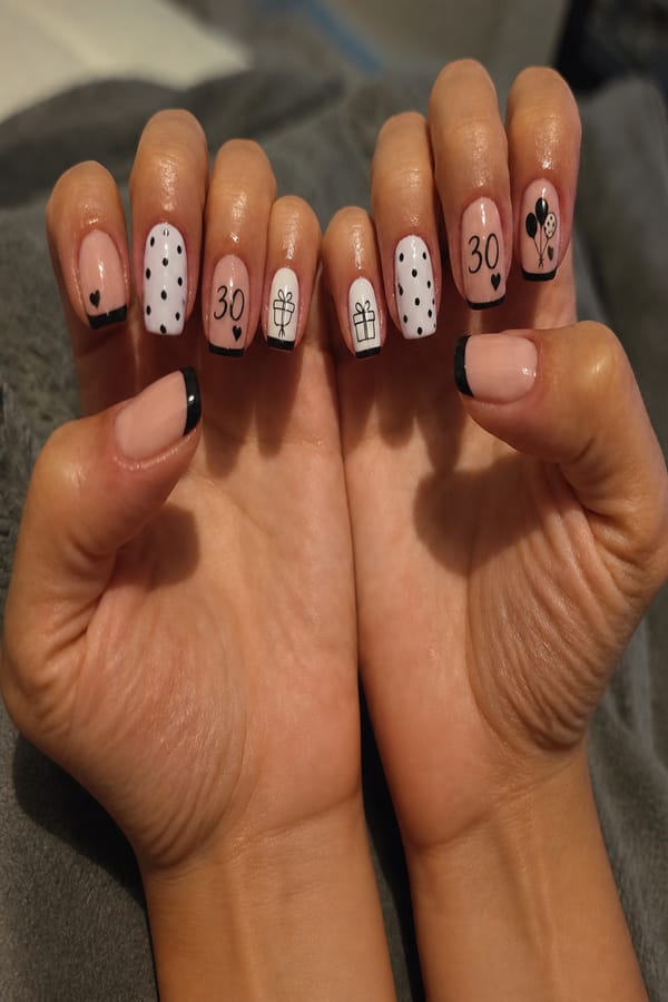 30 year old birthday design on my nails in black and white and nude Nail shape: square. Nail length: short. Only change the nails visible in the image to match this design. Keep the rest of the image — the hand, skin, background, lighting, and everything else — exactly the same.