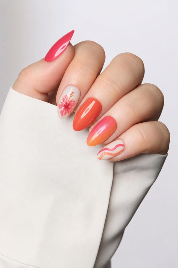 last summer set, girly, can be bold but classy Nail shape: almond. Nail length: medium. Only change the nails visible in the image to match this design. Keep the rest of the image — the hand, skin, background, lighting, and everything else — exactly the same.