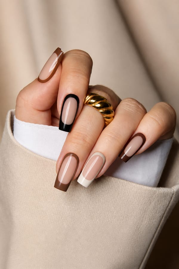 base is nude with all French tips but there’s another line under the French tip that is horizontal so like another French tip below it that goes all the way down to cuticles brown as the thumb, index is black, middle is a creamy white, ring is a lighter and grenierish shade of brown and pinky is a darker brown. the design is like an oval around the nail and a French tip on top of it, no white lines in between and also make sure it lines around the cuticle make sure to add an extra tench tip Nail shape: square. Nail length: medium. Only change the nails visible in the image to match this design. Keep the rest of the image — the hand, skin, background, lighting, and everything else — exactly the same.
