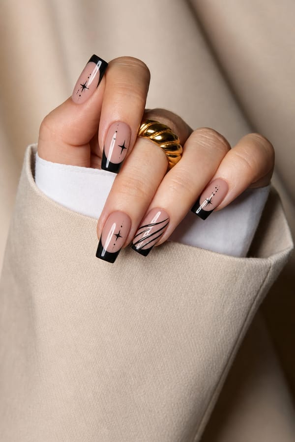 Czarny french gwiazda krzyż paski Nail shape: square. Nail length: medium. Only change the nails visible in the image to match this design. Keep the rest of the image — the hand, skin, background, lighting, and everything else — exactly the same.
