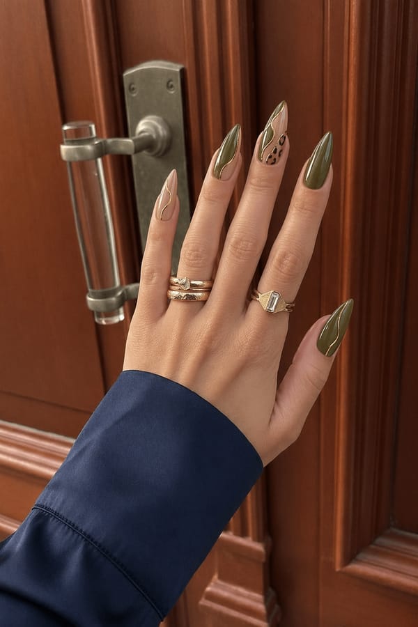 Olive green and nude tones with glossy finishes, mix of solid color, wavy abstract lines, leopard print accent, and fine gold outline details. Chic, earthy, modern aesthetic. Nail shape: stiletto. Nail length: long. Only change the nails visible in the image to match this design. Keep the rest of the image — the hand, skin, background, lighting, and everything else — exactly the same.