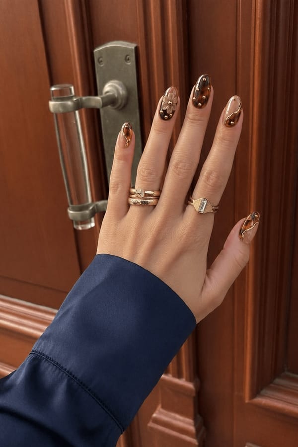 Glossy nude base with dark brown tortoiseshell accents and gold detailing. All 5 nails are accent designs. Two nails feature large 3D beige flowers centered over a dark brown base. One nail has full tortoiseshell with small gold studs. Remaining nails have partial tortoiseshell waves edged with metallic gold lines. Gold foil lines and studs vary per nail. Nail shape: almond. Nail length: medium. Only change the nails visible in the image to match this design. Keep the rest of the image — the hand, skin, background, lighting, and everything else — exactly the same.