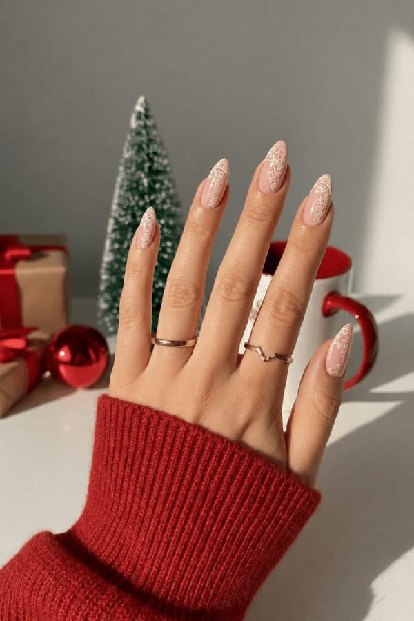 Pale pink coffin nails with delicate lace patterns in cream