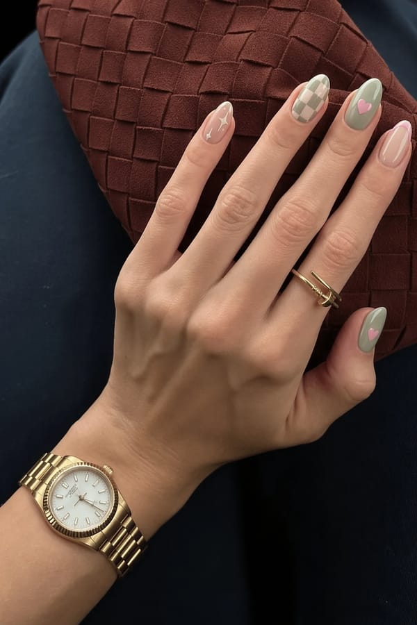 Almond nails, mix of nude and sage green bases, pastel pink accents, checkerboard pattern, heart and star details. Soft, playful aesthetic, glossy finish, minimal design, close-up hand. Nail shape: almond. Nail length: medium. Only change the nails visible in the image to match this design. Keep the rest of the image — the hand, skin, background, lighting, and everything else — exactly the same.