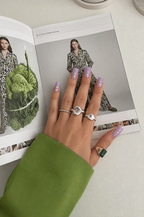 Lilac square nails with charming pearl embellishments