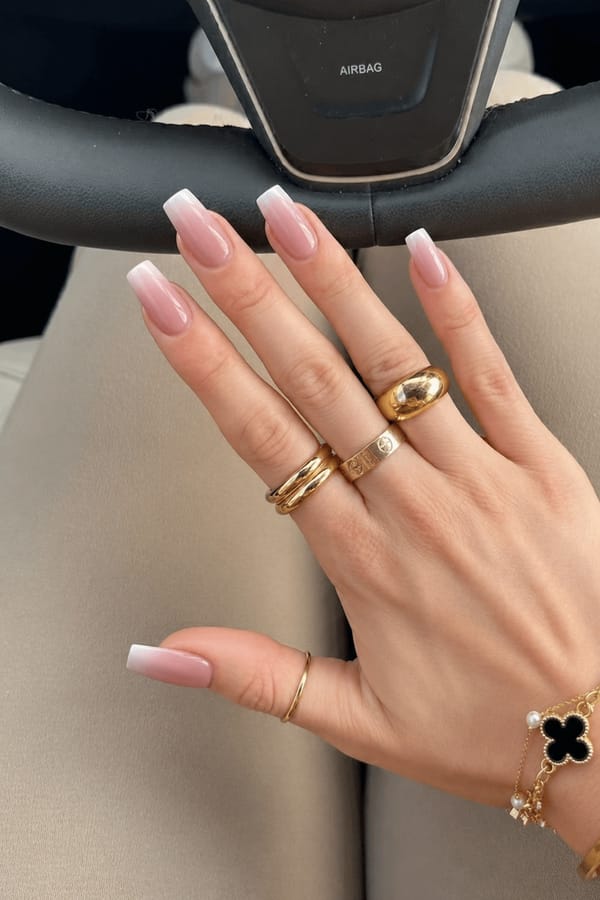 Dusty rose with subtle white ombre tips, perfect for any occasion