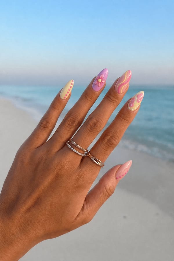 Mixed pastel design with glossy finish. 5 accent nails: Soft yellow base with vertical pink dots along one side. Pink-lilac base with a large 3D-style flower (yellow center). Nude-pink base with abstract hot pink and yellow swirl. Pale yellow base with pink abstract shapes and small white dots. Nude base with minimal pink dot accents near the tip. Nail shape: stiletto. Nail length: medium. Only change the nails visible in the image to match this design. Keep the rest of the image — the hand, skin, background, lighting, and everything else — exactly the same.