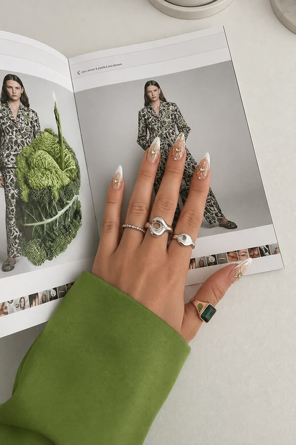 Sheer nude glossy base with soft white French tips on some nails. All 5 nails are accent designs: 1–2) White tip with a central rhinestone and thin gold starburst lines radiating outward. 3–4) Nude base with clusters of small gold studs and rhinestones scattered near the center/tip. 5) Nude base with a larger central rhinestone and gold starburst lines. Nail shape: stiletto. Nail length: long. Only change the nails visible in the image to match this design. Keep the rest of the image — the hand, skin, background, lighting, and everything else — exactly the same.
