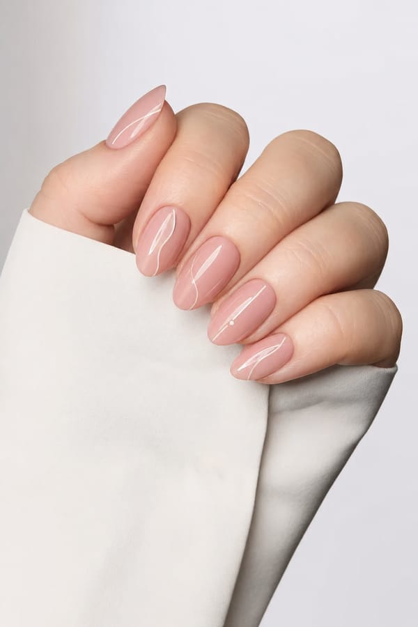 Blush pink tapered nails with minimalistic line art designs