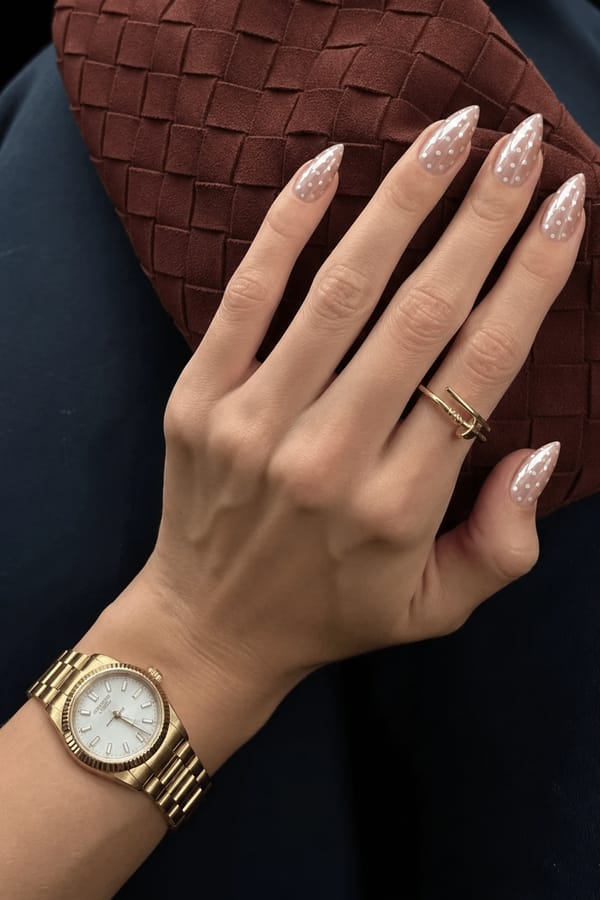 Sheer taupe-nude base with a glossy pearlescent/chrome overlay. All 5 nails are accent designs featuring evenly spaced small white polka dots across the entire surface. The dots vary slightly in size but are consistently distributed, with no additional patterns or elements. Nail shape: stiletto. Nail length: medium. Only change the nails visible in the image to match this design. Keep the rest of the image — the hand, skin, background, lighting, and everything else — exactly the same.