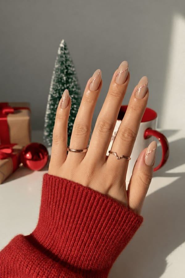 Sandy beige rounded tips with shimmering rose gold stripes