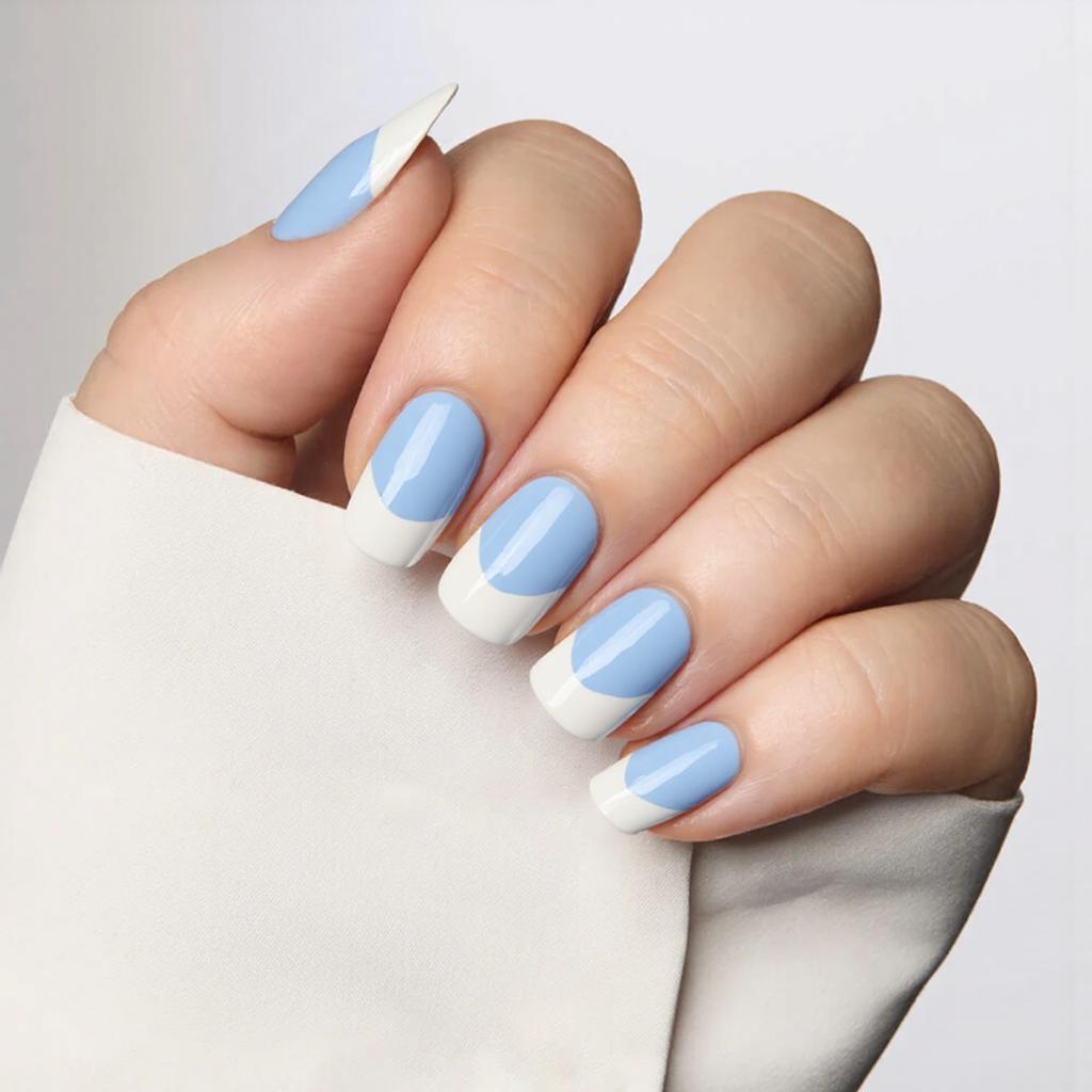 I'd love a French manicure on medium almond nails, but with pastel blue tips instead of the traditional white.