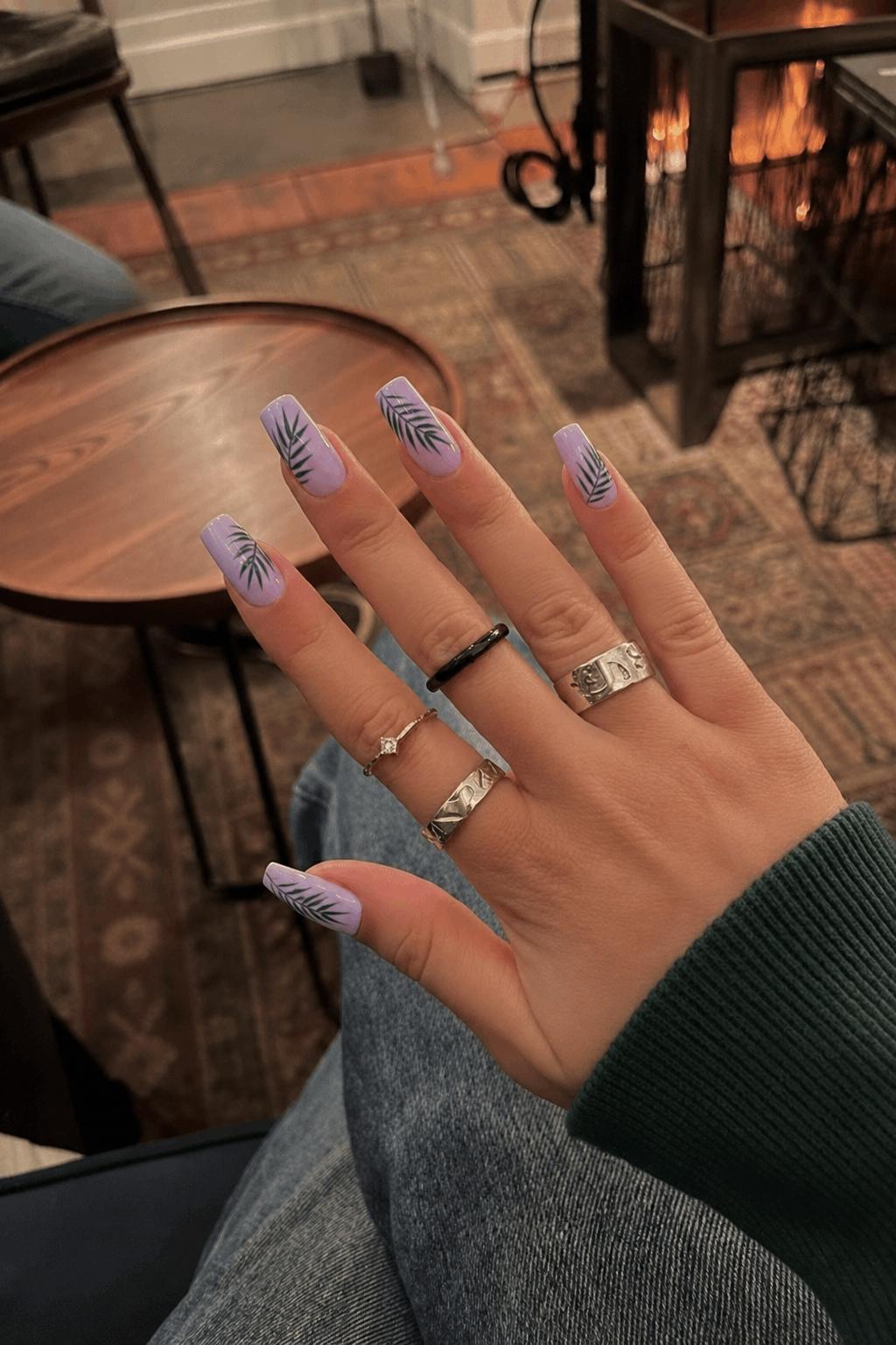 Soft lilac with hand-painted palm leaves for a tropical vibe