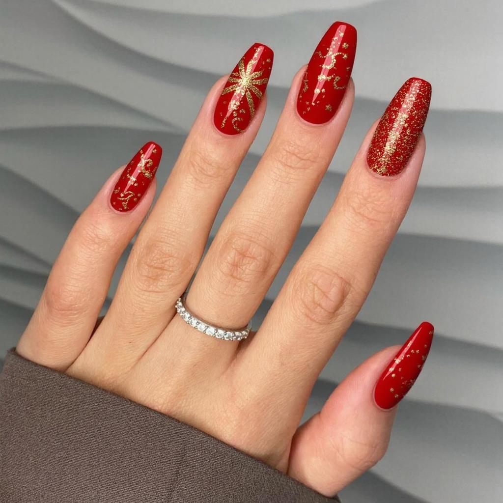 Nails adorned in a luxurious classic red base, enhanced by a glossy finish that adds depth and vibrancy. On one hand, the thumb and ring finger showcase delicate gold glitter accents that gracefully fade from the cuticle towards the tips, shimmering like holiday lights. The ring finger features an understated, minimalist design of tiny white snowflakes scattered sporadically, adding a festive touch without overwhelming the elegant red backdrop. The middle finger also has a subtle candy cane pattern, with gentle, curved stripes in soft white and muted gold, echoing the holiday spirit. The remaining fingers remain a smooth, unembellished classic red, creating a harmonious balance that beautifully highlights the seasonal accents on the featured nails. The overall design perfectly complements the almond shape, enhancing the graceful curves and elongated silhouette of the long nails.