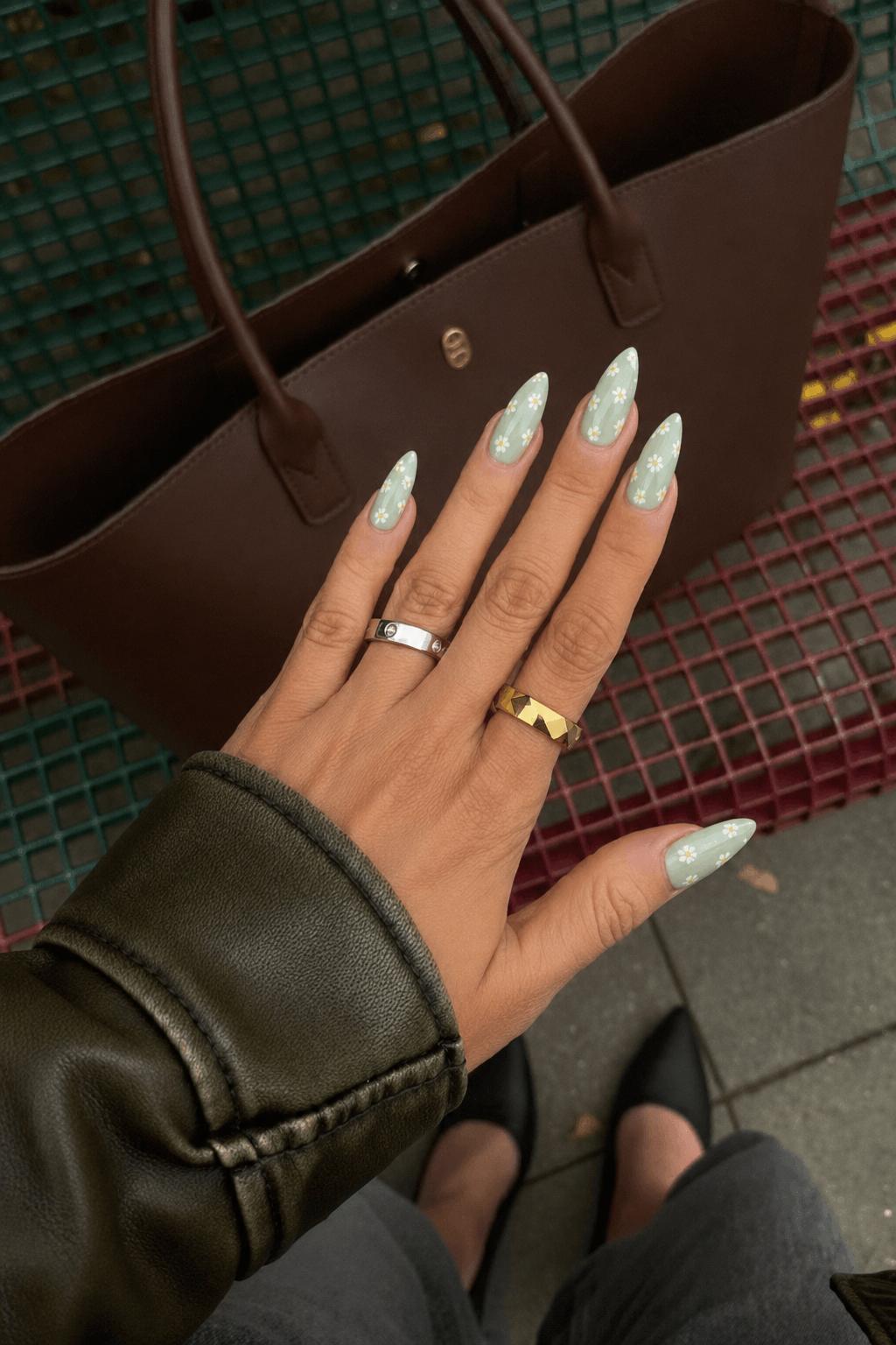 Mint green base with tiny white daisies and a glossy top coat