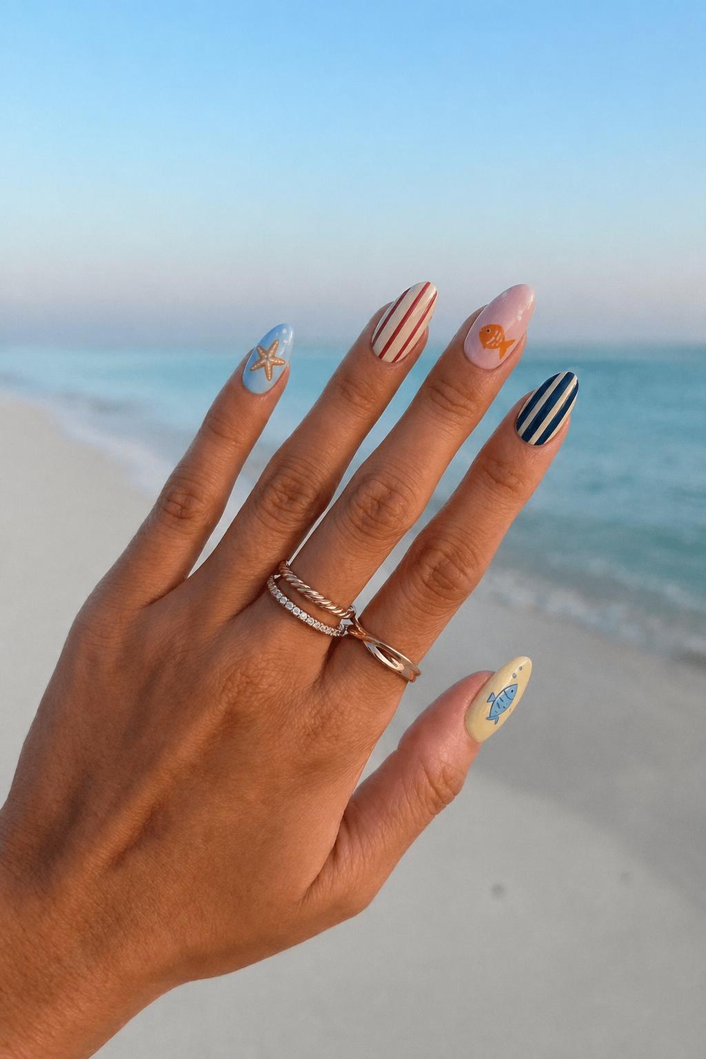 Mixed glossy set, 5 accent nails: Pastel blue base with hand-painted starfish. Nude base with red vertical stripes. Soft pink base with small orange fish illustration. Navy base with beige vertical stripes. Pale yellow base with blue fish illustration. Nail shape: almond. Nail length: short. Only change the nails visible in the image to match this design. Keep the rest of the image — the hand, skin, background, lighting, and everything else — exactly the same.