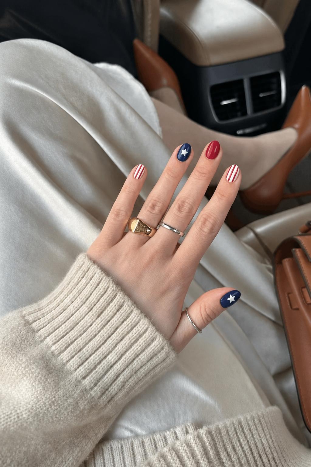 simple 4th of July Nail shape: almond. Nail length: short. Only change the nails visible in the image to match this design. Keep the rest of the image — the hand, skin, background, lighting, and everything else — exactly the same.