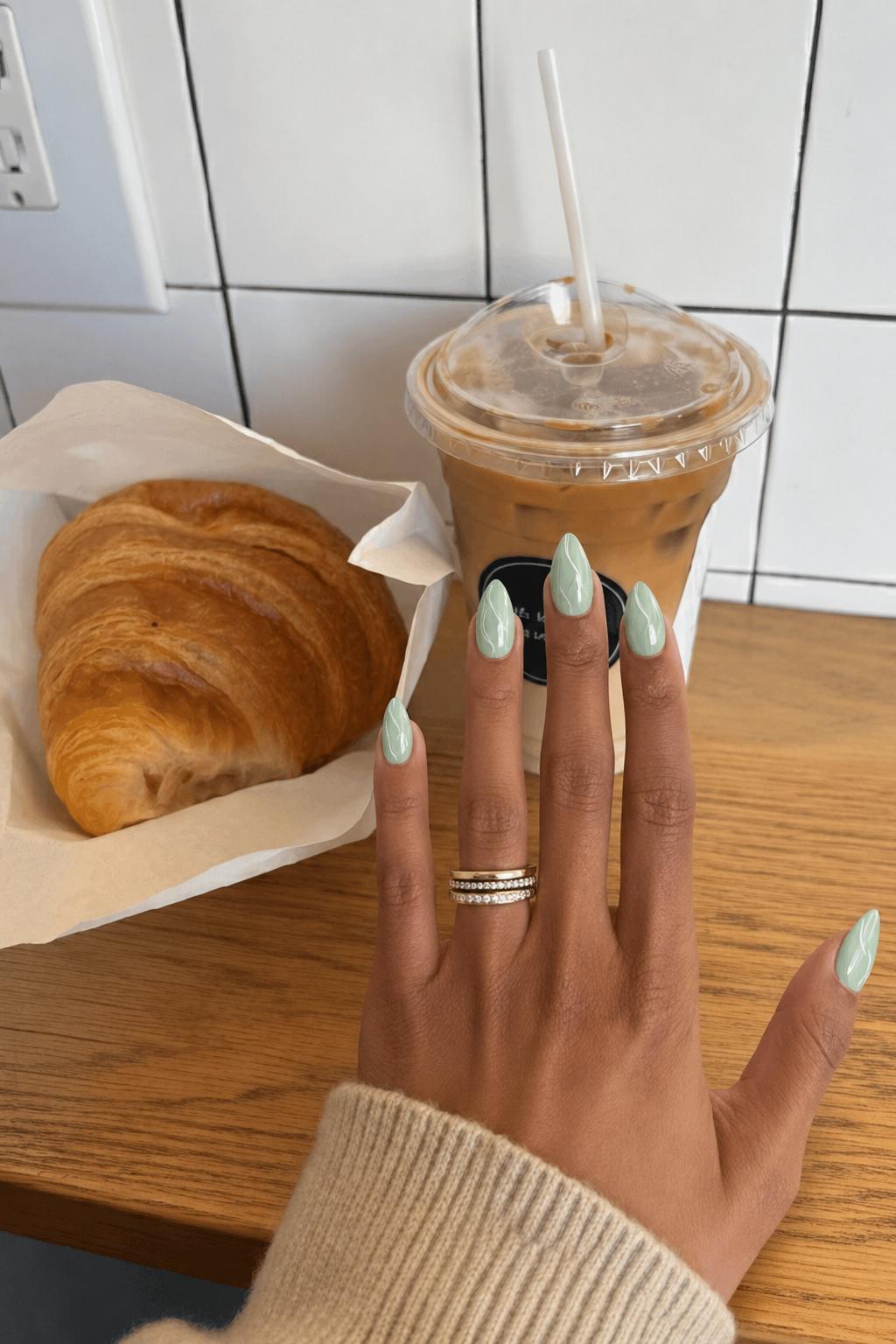 Mint green square tips with subtle white wave patterns