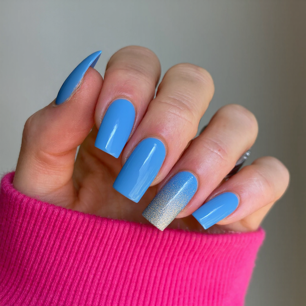 Long square nails in electric blue, with one accent nail featuring a glitter gradient.