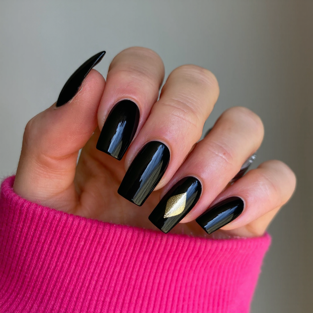 Long square nails in glossy black with a single metallic gold accent nail to stand out.