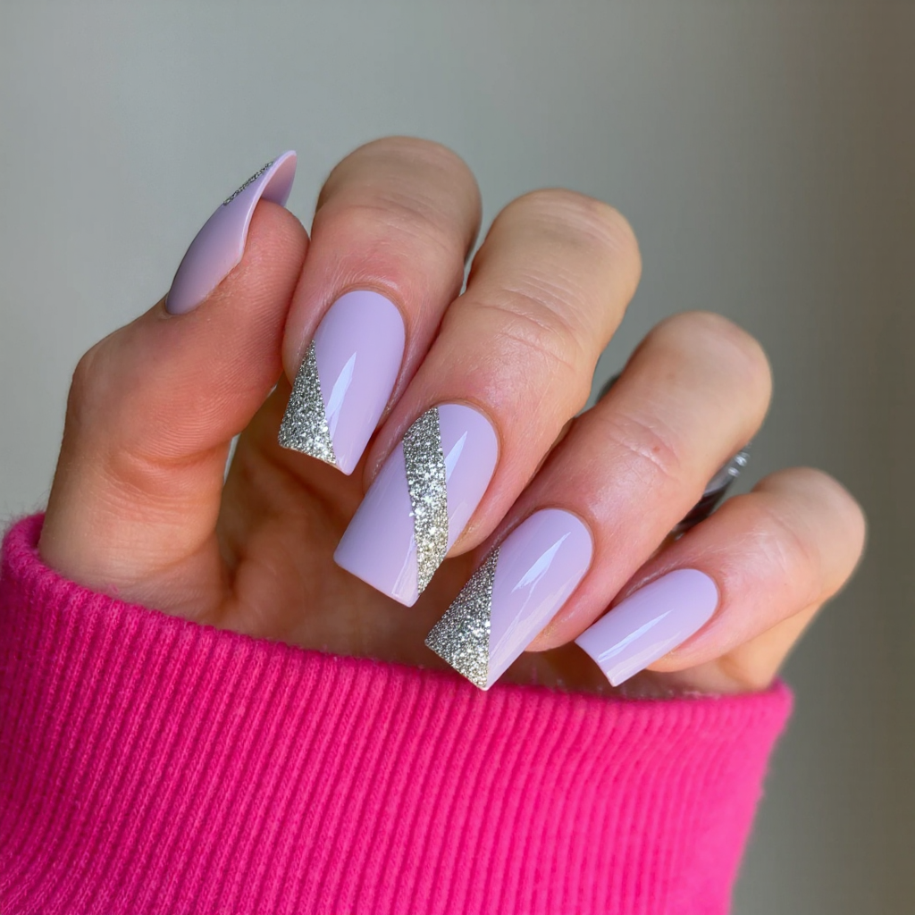 Long square nails in a pale lilac, each with a diagonal glitter accent in silver for a glam finish.
