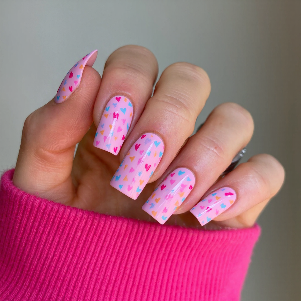 Long square nails in a bubblegum pink with cartoon-like hearts and stars scattered on each nail.