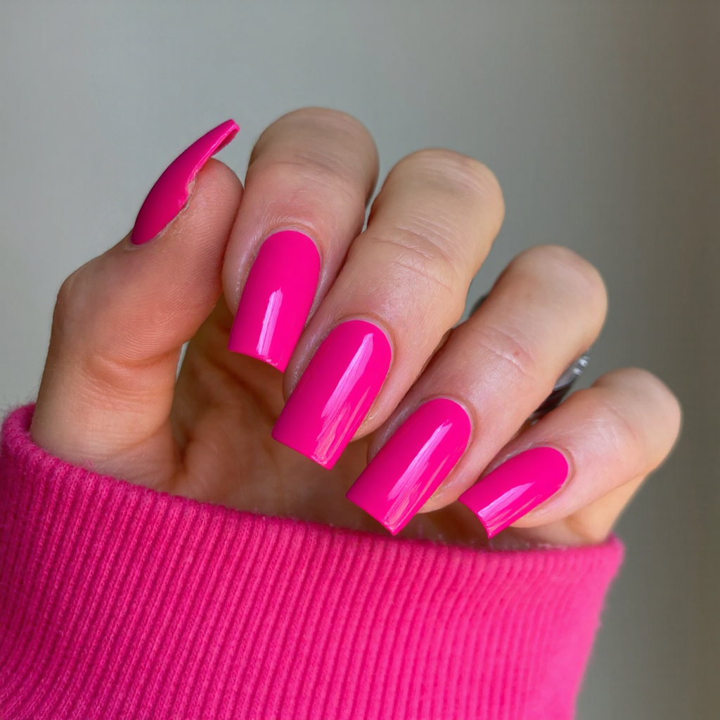 Long square nails in a single bold color, like hot pink, so you don't need any designs.