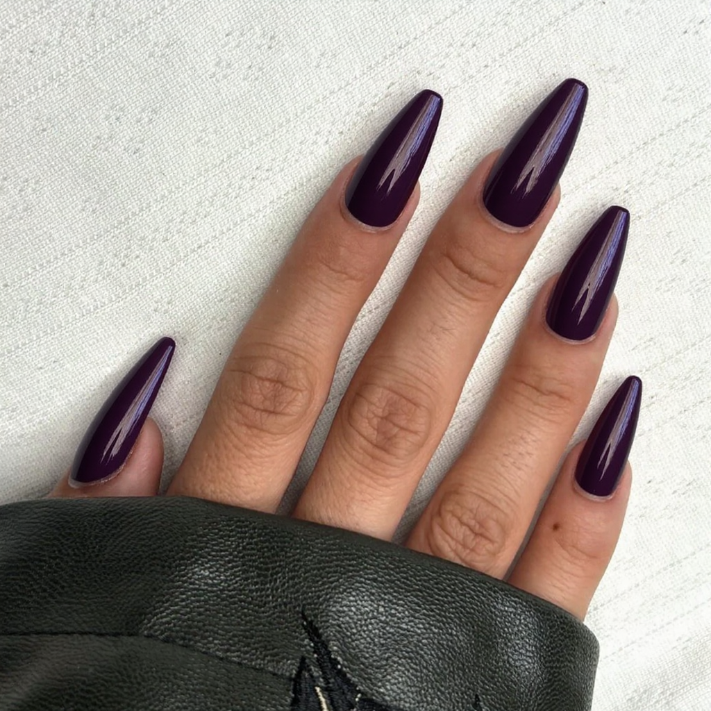 Long stiletto nails in a plum ombre that transitions from dark at the cuticle to lighter at the tip.