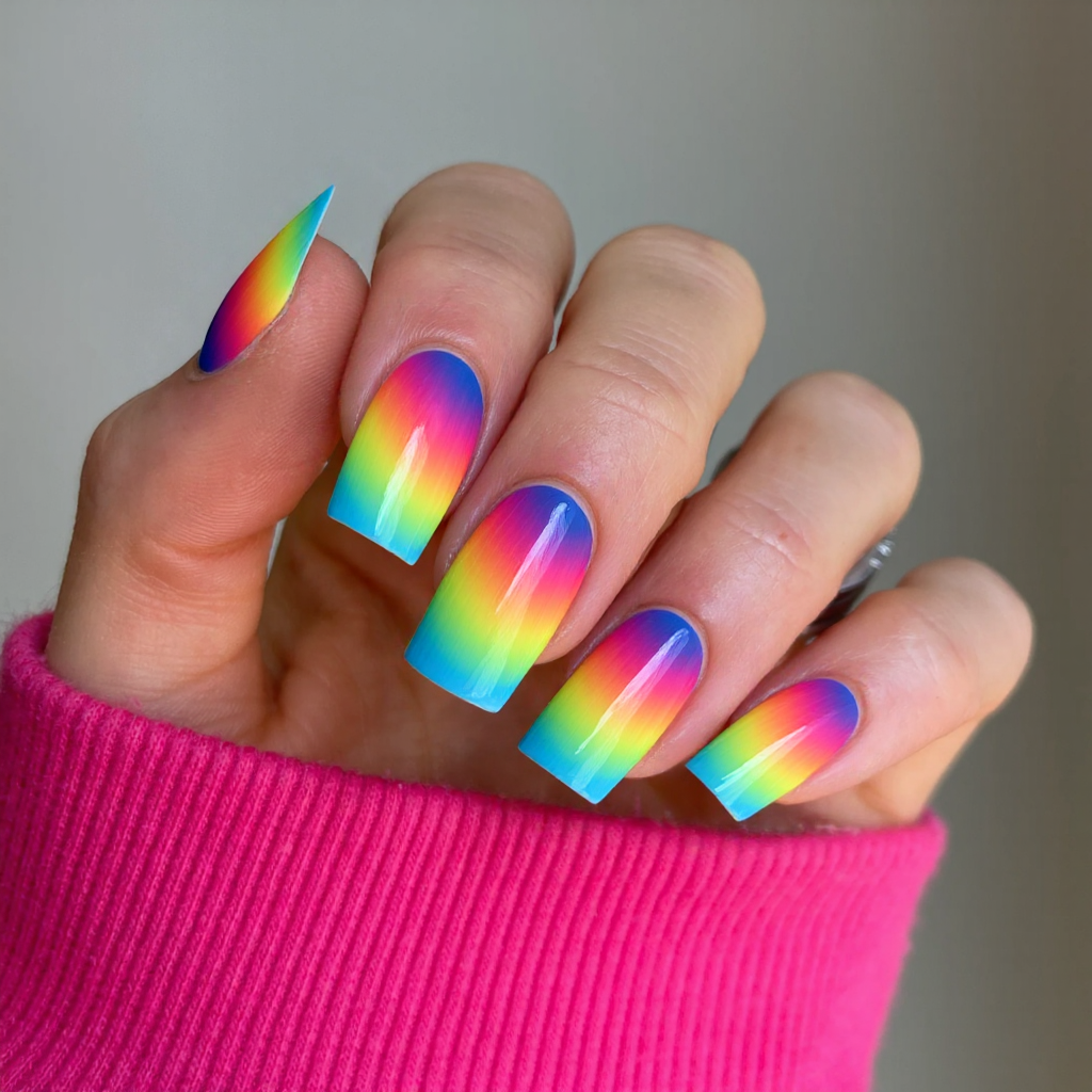 Long square nails featuring a gradient rainbow nail art, each nail smoothly blending into the next color.