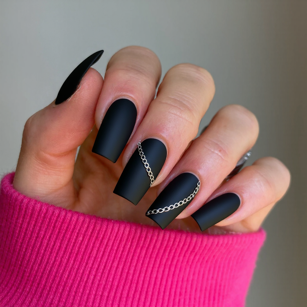 Long square nails in matte black, featuring a delicate silver chain design across one accent nail.
