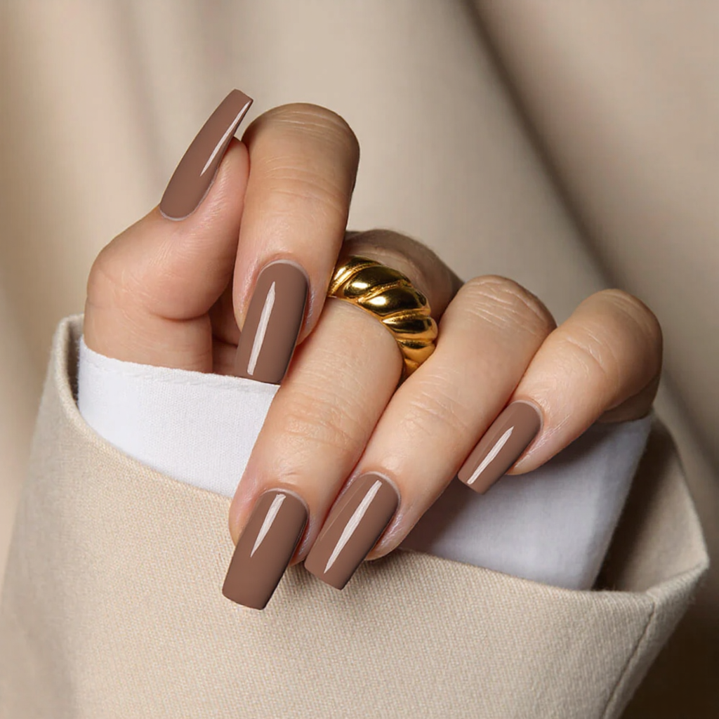 Medium square nails in a classic nude color, goes with everything and is hassle-free.