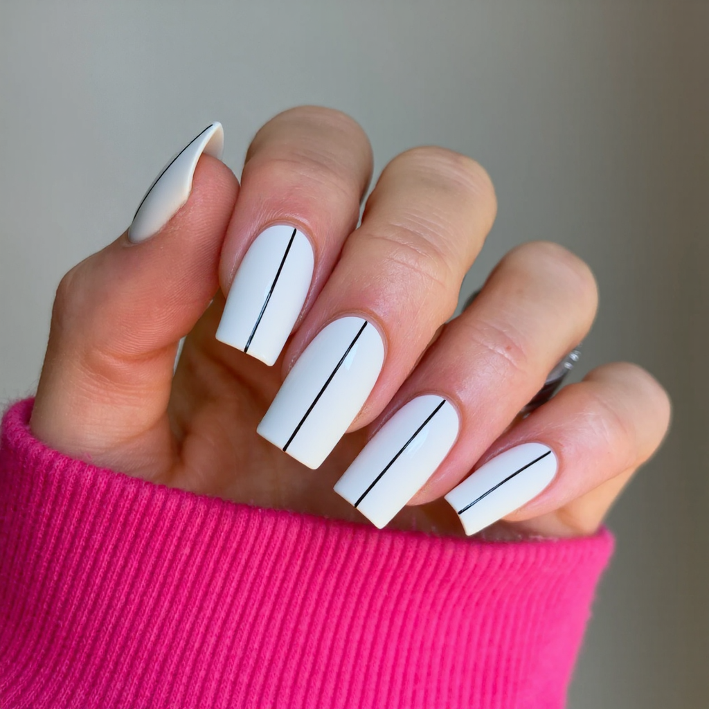 Long square nails in matte white, featuring a single thin black line down the center of each nail.