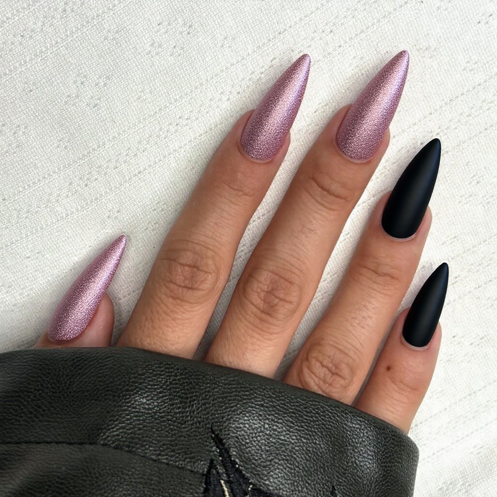 Long stiletto nails in a glittery pink with a matte black accent nail for a trendy and fashionable look.