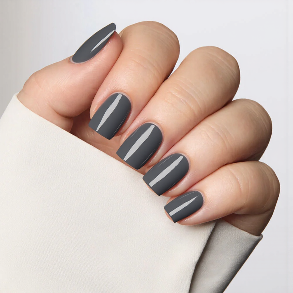 Short square nails in glossy charcoal gray, perfect for a neutral yet edgy everyday look.