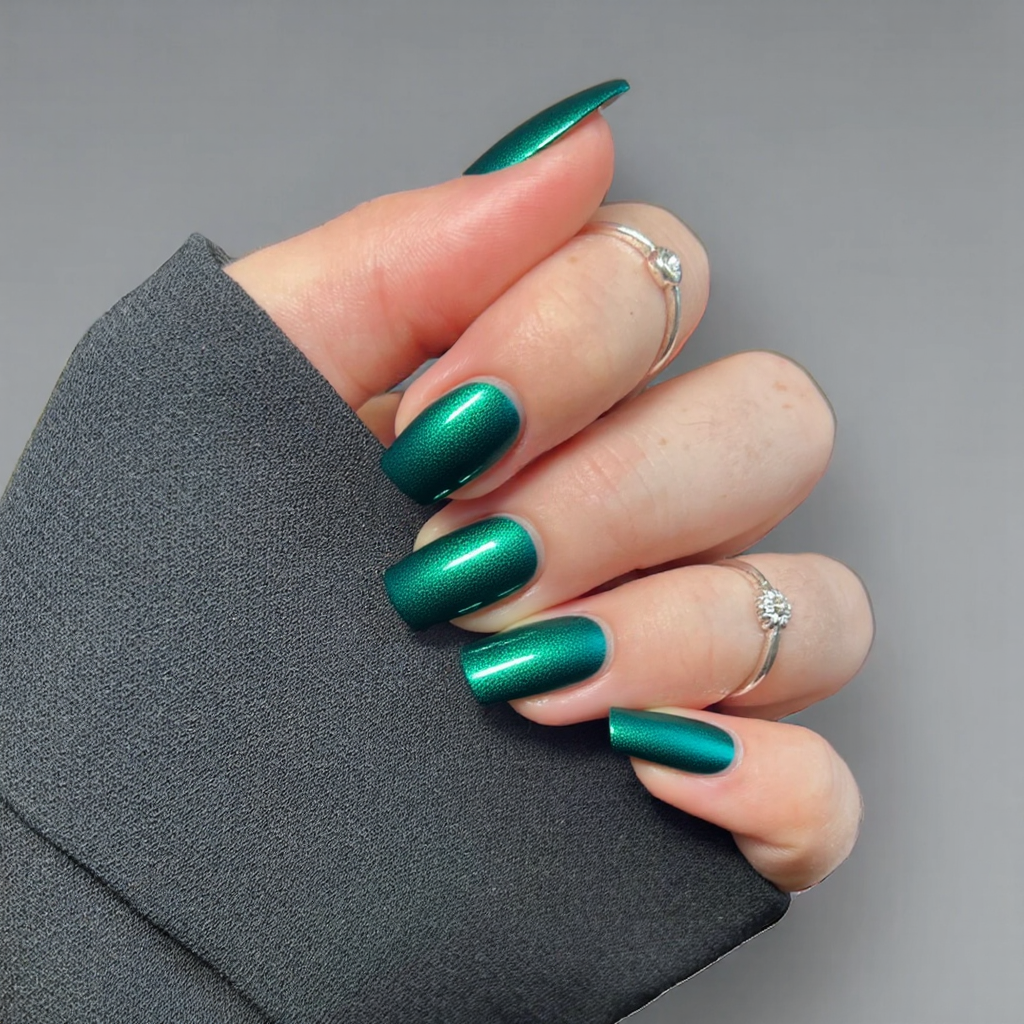 Short almond nails in an emerald green metallic finish, perfect for a striking yet simple statement.