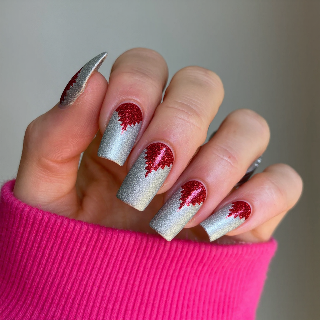 Long square nails in a metallic silver with red glitter tips, perfect for festive February celebrations.