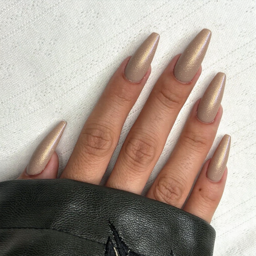 Long stiletto nails in a soft nude shade with subtle gold flakes near the tips—nothing over the top.