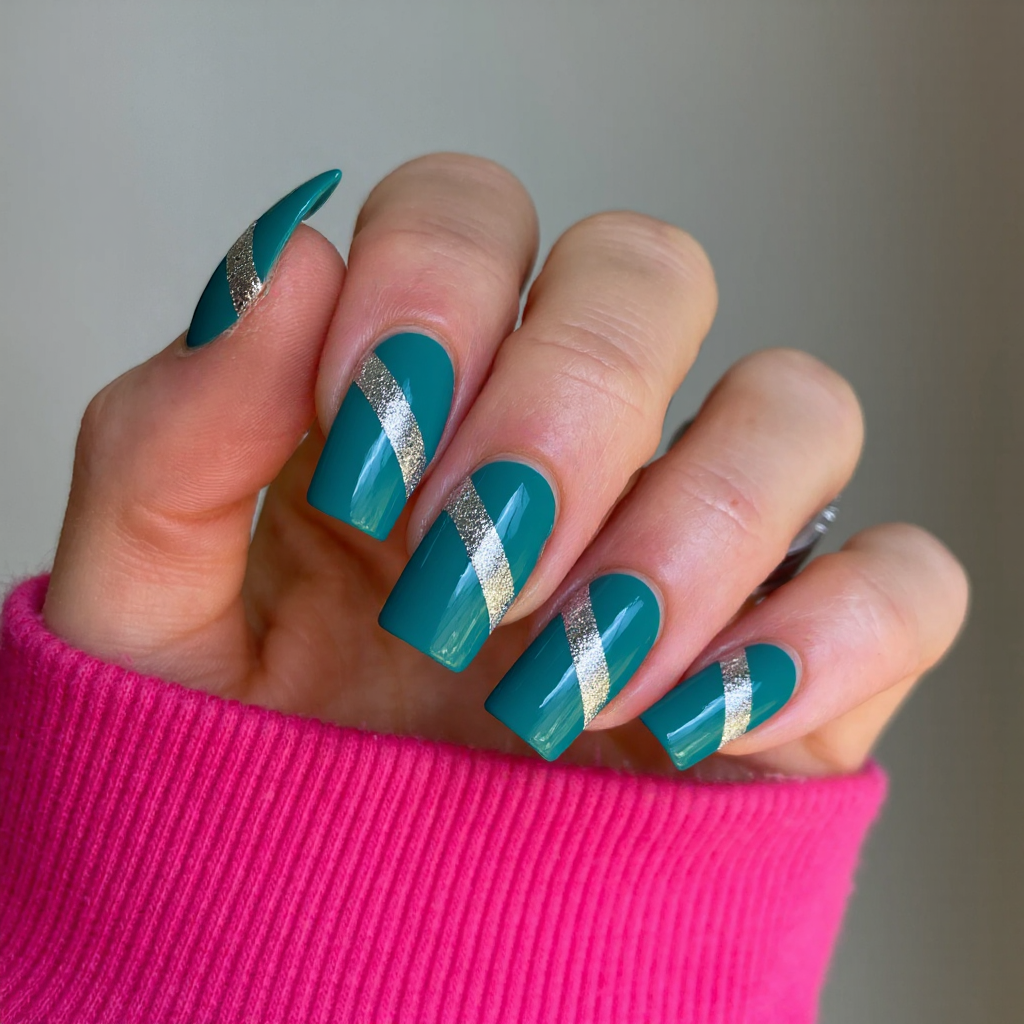Long square nails in a teal shade, each ring finger featuring a diagonal silver foil accent.