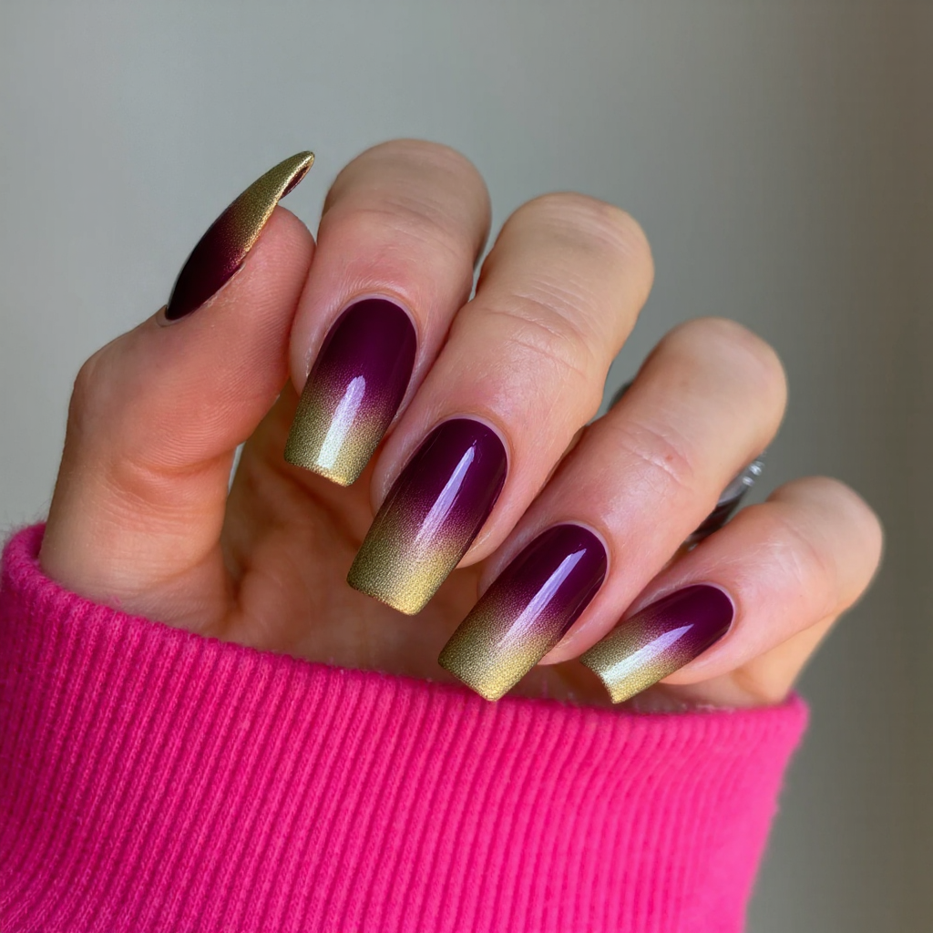 Long square nails in a rich plum color with metallic gold tips for a sophisticated holiday appearance.