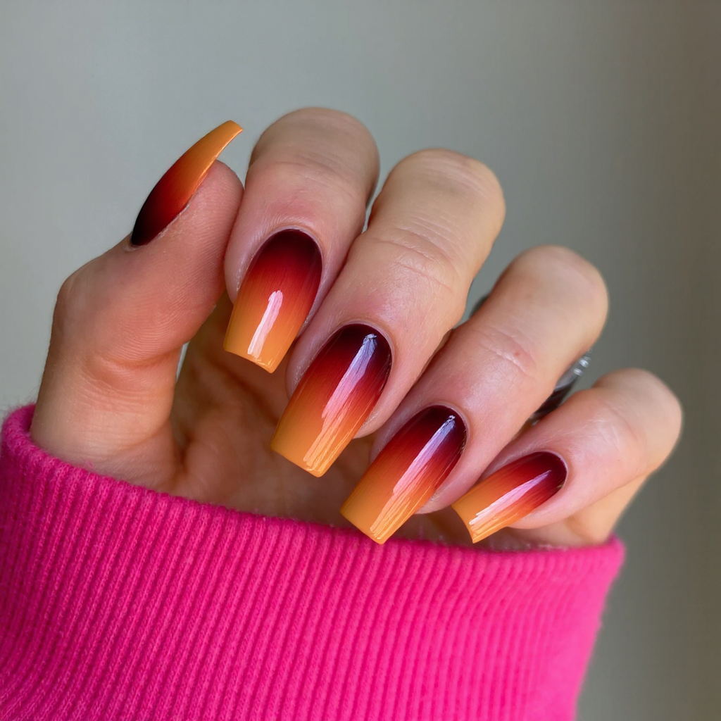 I'm looking for a long square shape with a gradient from dark red to burnt orange and a glossy topcoat.